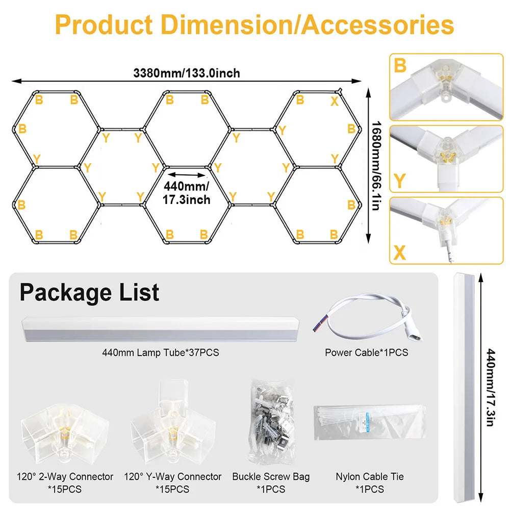 LumaGrid Modular Hexagon Lighting - 6500K Ultra Bright Hex Light, Honeycomb Light for Garage, Shop, Basement, Barber, Homegym