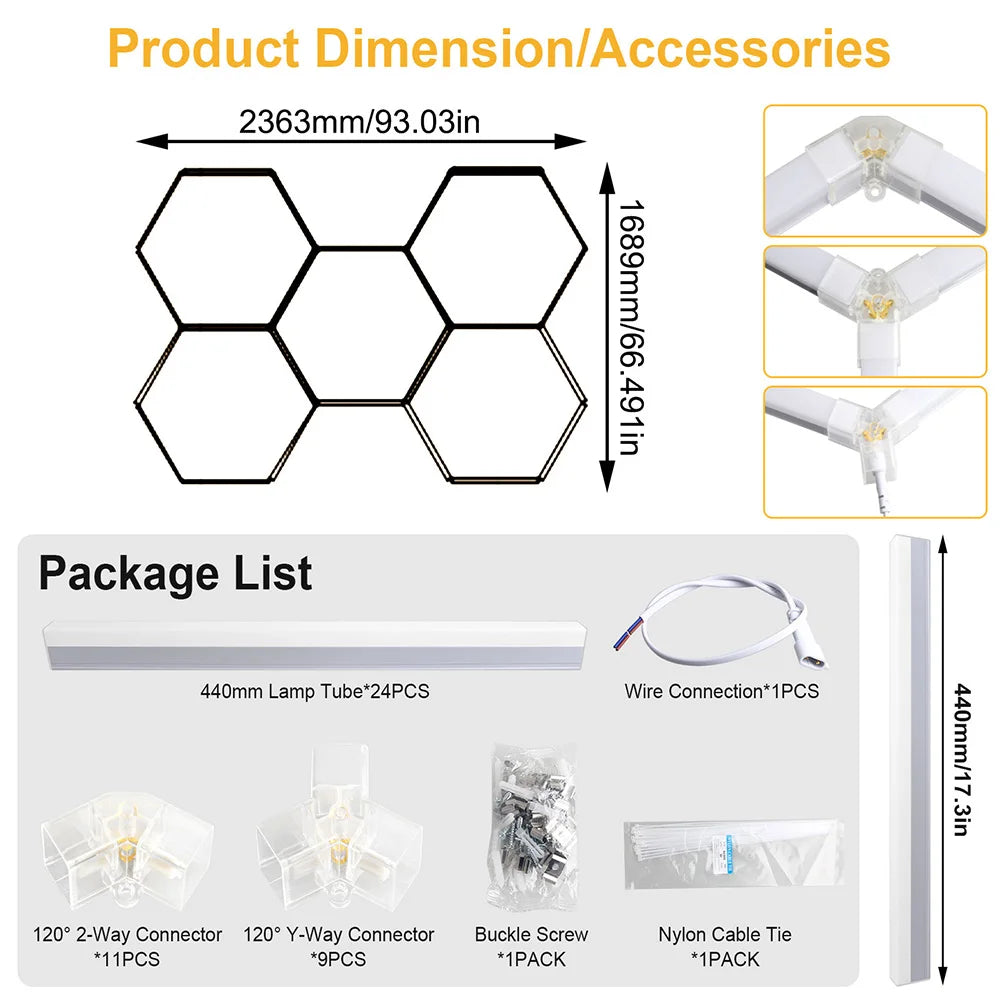 LumaGrid Modular Hexagon Lighting - 6500K Ultra Bright Hex Light, Honeycomb Light for Garage, Shop, Basement, Barber, Homegym