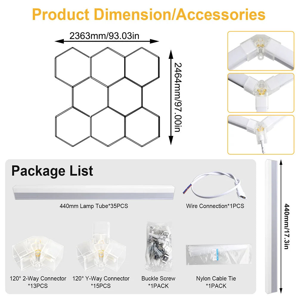 LumaGrid Modular Hexagon Lighting - 6500K Ultra Bright Hex Light, Honeycomb Light for Garage, Shop, Basement, Barber, Homegym