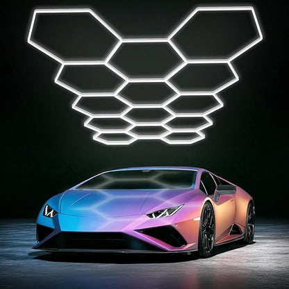 LumaGrid Modular Hexagon Lighting - 6500K Ultra Bright Hex Light, Honeycomb Light for Garage, Shop, Basement, Barber, Homegym